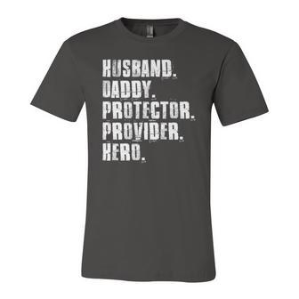 Husband Daddy Protector Provider Hero Fathers Day Daddy Day Jersey T-Shirt | Mazezy