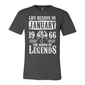 January 1966 Birthday Life Begins In January 1966 Unisex Jersey Short Sleeve Crewneck Tshirt - Seseable