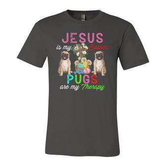 Jesus Is My Savior Pugs Are My Therapy Cute Pugs Easter Eggs Jersey T-Shirt | Mazezy