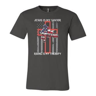 Jesus Is My Savior Riding Is My Therapy Us Flag Jersey T-Shirt | Mazezy