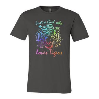 Just A Girl Who Loves Tigers Retro Vintage Rainbow Graphic Jersey T-Shirt | Mazezy