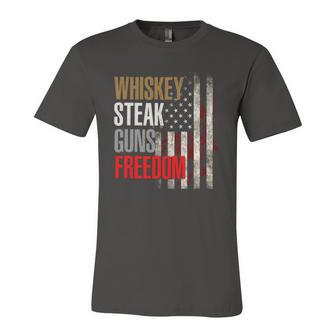 Patriotic American Flag Whiskey Steak Guns And Freedom Jersey T-Shirt | Mazezy