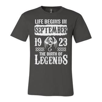 September 1923 Birthday Life Begins In September 1923 Unisex Jersey Short Sleeve Crewneck Tshirt - Seseable