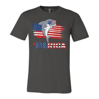 Shark American Flag Sunglasses Patriotic 4Th Of July Unisex Jersey Short Sleeve Crewneck Tshirt - Seseable