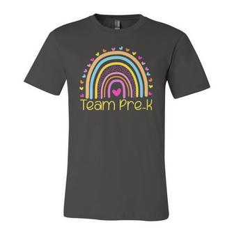 Team Pre K Teacher Rainbow Heart Education Jersey T-Shirt | Mazezy