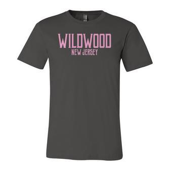 Wildwood New Jersey Nj Vintage Text Pink Print Jersey T-Shirt | Mazezy