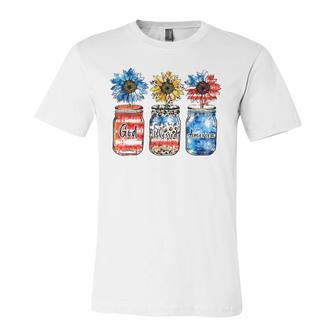 Country Farm Canning Ball Jars Sunflower God Bless America Jersey T-Shirt | Mazezy