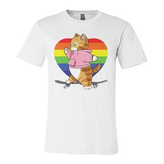 Cute Orange Tabby Cat Skateboarder Rainbow Heart Skater Jersey T-Shirt | Mazezy