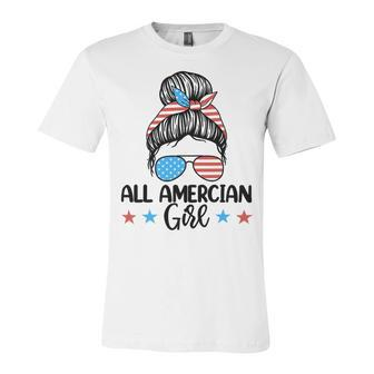 Fourth Of July Shirt Women All American Girl Messy Bun T-Shirt Unisex Jersey Short Sleeve Crewneck Tshirt - Seseable