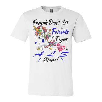 Friends Dont Let Friends Fight Als Alone Unicorn Blue Ribbon Amyotrophic Lateral Sclerosis Support Als Awareness Unisex Jersey Short Sleeve Crewneck Tshirt | Favorety CA