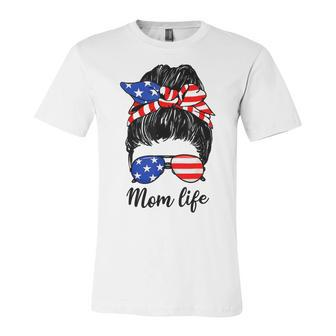 Funny American Flag 4Th Of July Mom Life Messy Bun Mors Day T-Shirt Unisex Jersey Short Sleeve Crewneck Tshirt - Seseable