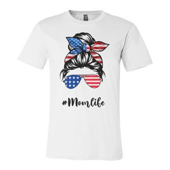 Funny Mom Life Messy Bun America Flag Mors Day 4Th Of July T-Shirt Unisex Jersey Short Sleeve Crewneck Tshirt - Seseable