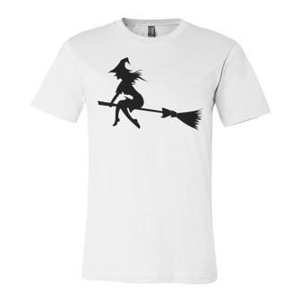 Halloween Young Scary Witch On Broom Pattern Unisex Jersey Short Sleeve Crewneck Tshirt | Favorety