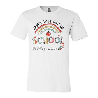 Happy Last Day Of School Leopard Rainbow Hello Summer Jersey T-Shirt | Mazezy