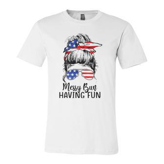 Messy Bun Having Fun American Flag Merica 4Th Of July Jersey T-Shirt | Mazezy