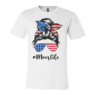 Mom Life Messy Bun America Flag Mothers Day 4Th Of July T-Shirt Unisex Jersey Short Sleeve Crewneck Tshirt - Seseable