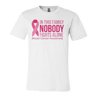 In This Nobody Fights Alone Breast Cancer Awareness V Neck Jersey T-Shirt | Mazezy