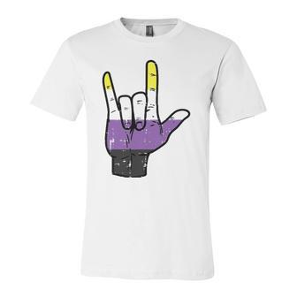 Nonbinary I Love You Hand Sign Language Enby Nb Pride Flag Jersey T-Shirt | Mazezy