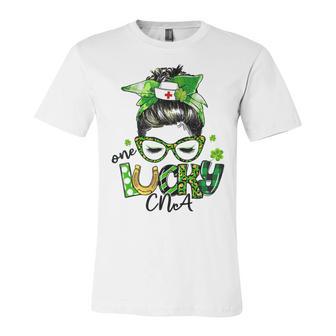 One Lucky Cna Messy Bun Shamrocks St Patricks Day Unisex Jersey Short Sleeve Crewneck Tshirt | Favorety UK