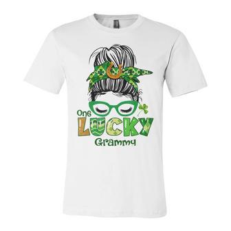 One Lucky Grammy Messy Bun Leopard St Patricks Day Unisex Jersey Short Sleeve Crewneck Tshirt | Favorety