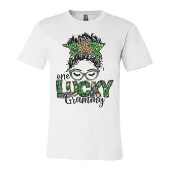 One Lucky Grammy St Patricks Day Messy Bun Leopard Unisex Jersey Short Sleeve Crewneck Tshirt | Favorety AU