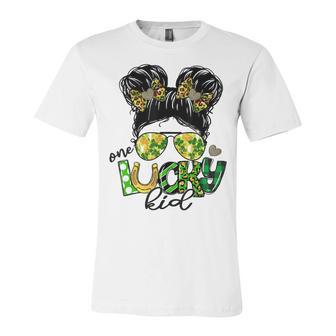 One Lucky Kid Messy Bun Shamrock St Patricks Day Unisex Jersey Short Sleeve Crewneck Tshirt | Favorety CA