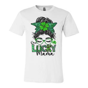 One Lucky Mama Messy Bun Shamrock St Patricks Day Unisex Jersey Short Sleeve Crewneck Tshirt | Favorety CA