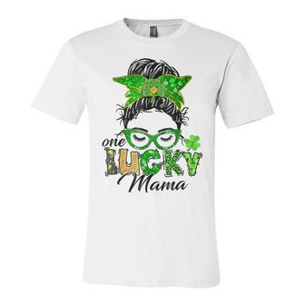 One Lucky Mama St Patricks Day Irish Shamrock Messy Bun Mom Unisex Jersey Short Sleeve Crewneck Tshirt | Favorety DE