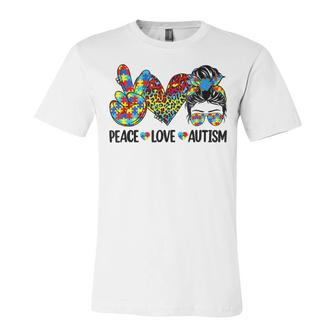 Peace Love Autism Mom Life Messy Bun Blue Autism Awareness Unisex Jersey Short Sleeve Crewneck Tshirt | Favorety