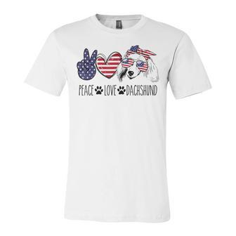 Peace Love Dachshund 4Th Of July Patriotic American Usa Flag Unisex Jersey Short Sleeve Crewneck Tshirt - Seseable