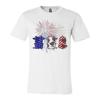 Red White Blue Cow Fireworks Patriotic 4Th Of July Unisex Jersey Short Sleeve Crewneck Tshirt - Seseable