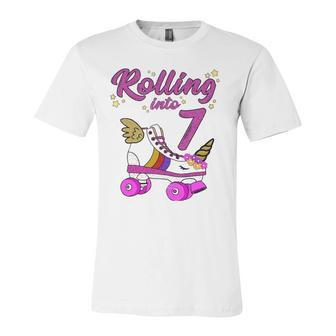 Rolling Into 7Th Birthday Unicorn Roller Skate Party Jersey T-Shirt | Mazezy
