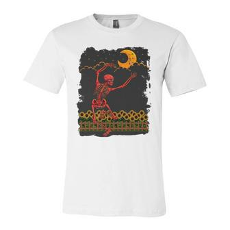 Skeleton Macabre Dancing Red Graphic Goth Halloween Jersey T-Shirt | Mazezy