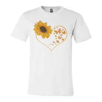 Yellow Flower Sunflowers Heart Butterfly Blossom Sunflower Jersey T-Shirt | Mazezy