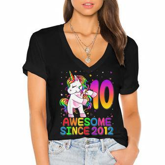 10 Year Old Unicorn Flossing 10Th Birthday Girl Unicorn Women's Jersey Short Sleeve Deep V-Neck Tshirt - Seseable