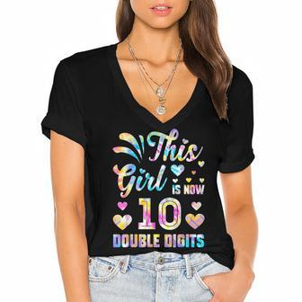10Th Birthday Gift This Girl Is Now 10 Double Digits Tie Dye V2 Women's Jersey Short Sleeve Deep V-Neck Tshirt - Seseable