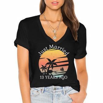 13Th Wedding Anniversary Cruise Just Married 13 Years Women's Jersey Short Sleeve Deep V-Neck Tshirt | Mazezy