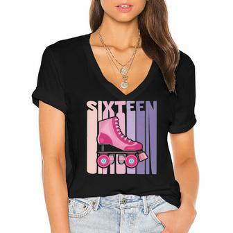 16 Years Old Cute Roller Skating Birthday Girl 16Th B-Day Women's Jersey Short Sleeve Deep V-Neck Tshirt | Mazezy