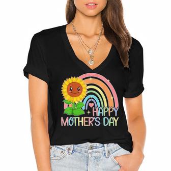 Happy Mothers Day 2022 Sunflower Rainbow Mom Grandma Women  Women's Jersey Short Sleeve Deep V-Neck Tshirt