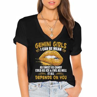 Womens Gemini Girl I Can Be Mean Saying Birthday Zodiac Girls  Women's Jersey Short Sleeve Deep V-Neck Tshirt