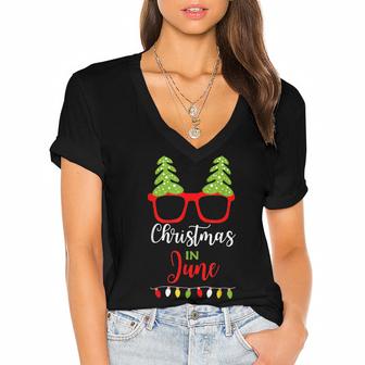 Christmas In June Gift Sunglasses With Christmas Tree  Women's Jersey Short Sleeve Deep V-Neck Tshirt