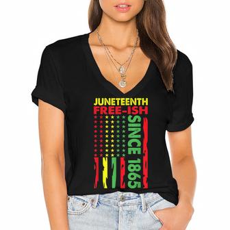Juneteenth Free-Ish Since 1865 Pan African Flag Freeish   Women's Jersey Short Sleeve Deep V-Neck Tshirt