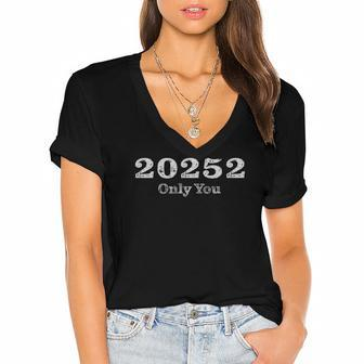 20252 Only You White Text Women's Jersey Short Sleeve Deep V-Neck Tshirt | Mazezy