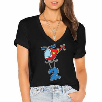 2Nd Birthday 2 Two Girls And Boys Helicopter Women's Jersey Short Sleeve Deep V-Neck Tshirt | Mazezy