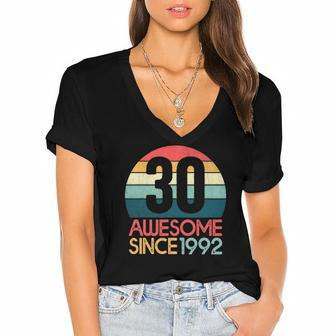 30Th Birthday Vintage Retro 30 Years Old Awesome Since 1992 Gift Women's Jersey Short Sleeve Deep V-Neck Tshirt | Mazezy