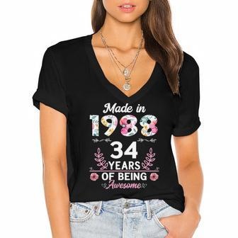 34 Years Old Gifts 34Th Birthday Born In 1988 Women Girls Women's Jersey Short Sleeve Deep V-Neck Tshirt | Mazezy