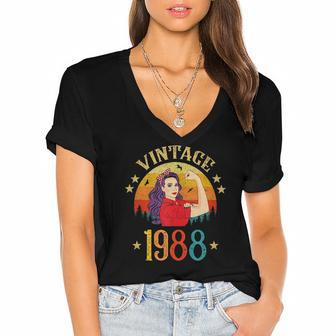 34Th Birthday Gift 34 Years Old For Women Retro Vintage 1988 Women's Jersey Short Sleeve Deep V-Neck Tshirt | Mazezy
