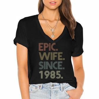 37Th Wedding Anniversary S For Her Epic Wife Since 1985 Wedding Anniversary Women's Jersey Short Sleeve Deep V-Neck Tshirt | Mazezy