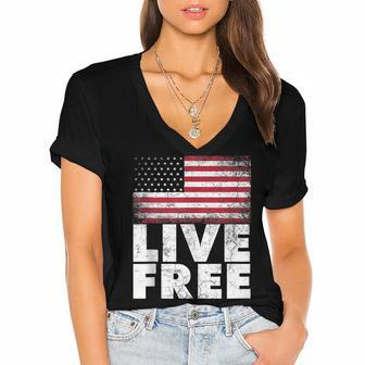 4Th Of July Gift For Men Women Live Free American Flag Gift Women's Jersey Short Sleeve Deep V-Neck Tshirt - Seseable
