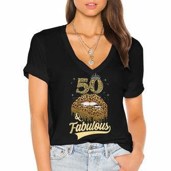 50 And Fabulous Queen Happy Birthday 50Th Leopard Sexy Lips Women's Jersey Short Sleeve Deep V-Neck Tshirt - Seseable